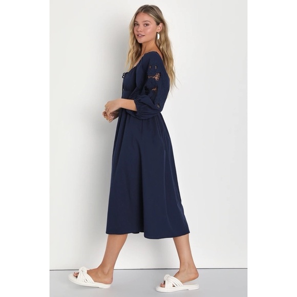 NWT Lulus Sunny Enchantment Navy Embroidered Balloon Sleeve Midi Dress - Picture 3 of 14